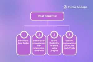 Infographic showing four key benefits of Turbo Addons for Elementor: faster load times, better user engagement, plugin-free flexibility, and Core Web Vitals compatibility.