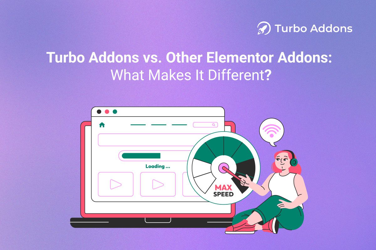 Illustration comparing Turbo Addons with other Elementor addons, highlighting fast loading speed and performance benefits.