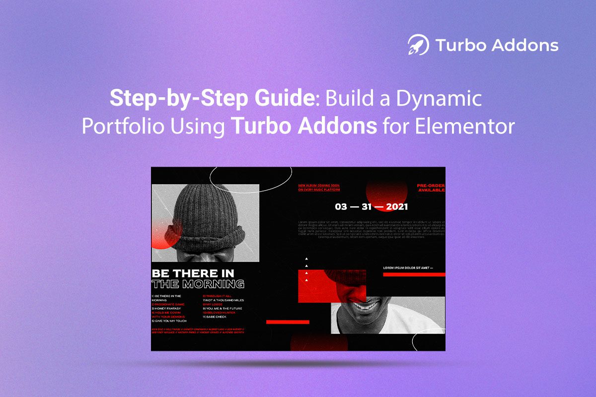 Visual representation of a dynamic Elementor portfolio built using Turbo Addons, showcasing modern design elements and a bold layout.