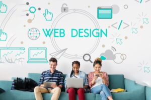 Three young people sitting on a couch using digital devices, with web design icons and text in the background.