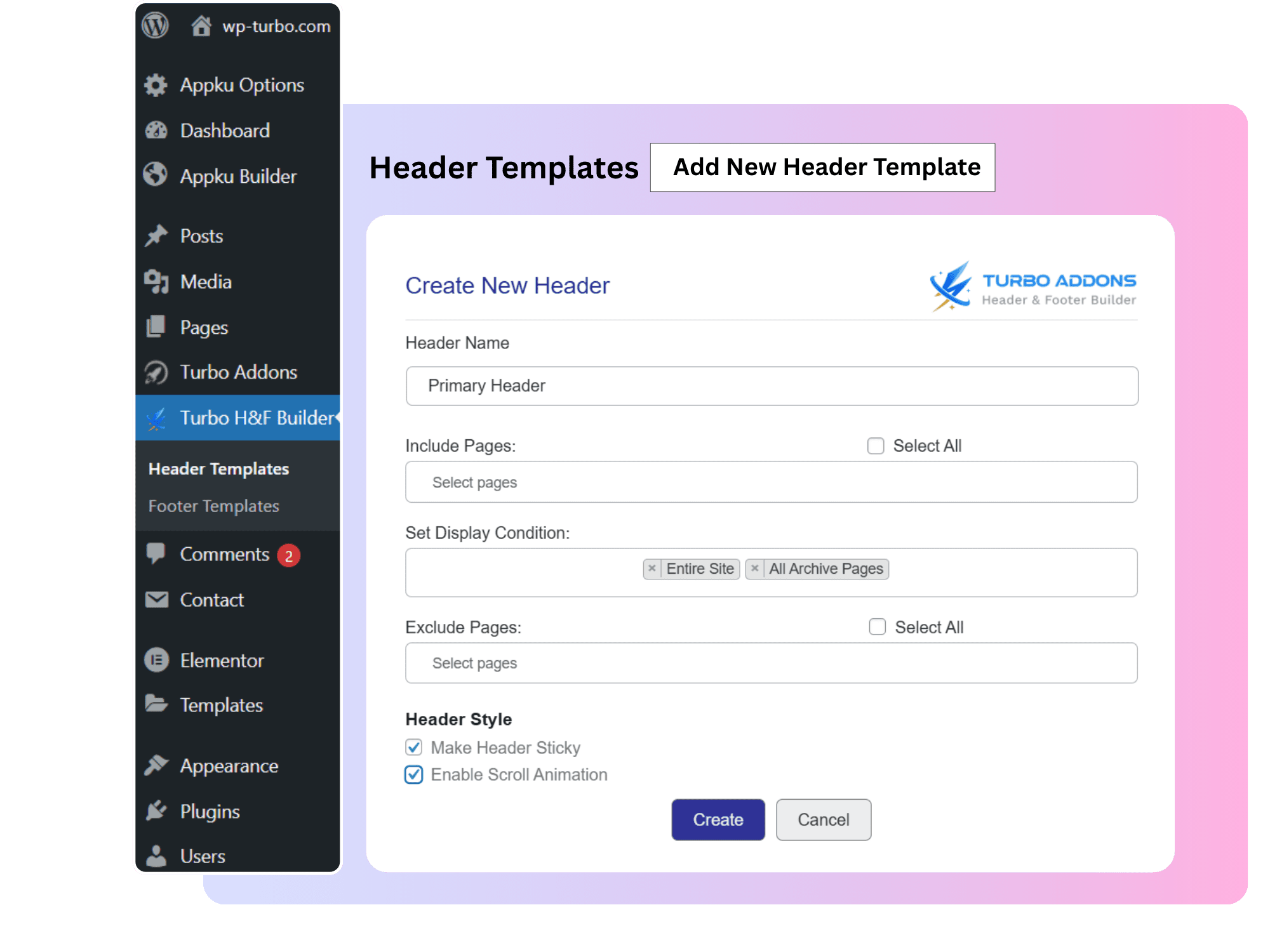 elementor header footer builder
